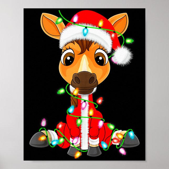 Poster Horse Christmas Lights Santa Costume Cute Animal X (Frente)