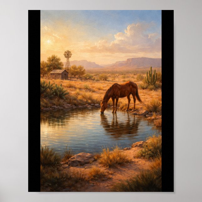 Poster Horse drinking at a small pond (Frente)