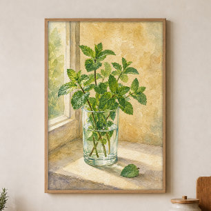 Poster Hortelã num Cartaz de Aquarela de Copo de Água