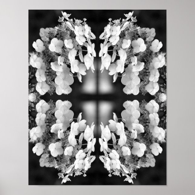 Poster Hortênsia Arte Floral Preto e Branco Espelho (Frente)