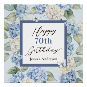 Pôster Hortênsia Azul Aquarela Aniversário de 70 Anos