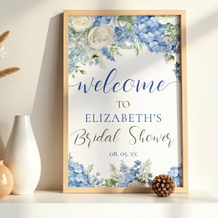 Poster Hortênsia Azul Rosas Brancas Floral Bem-vindo ao S