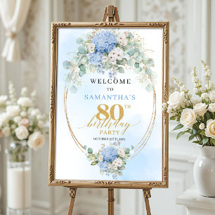 Poster Hortênsia Floral Azul Pastel Bem-vindo aos 80 anos