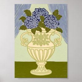 Poster Hortênsias Azuis Elegantes em Urna Dourada Clássic