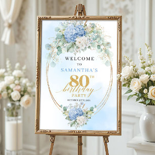 Poster Hortênsias Azul Claro Boho 80º aniversário bem-vin