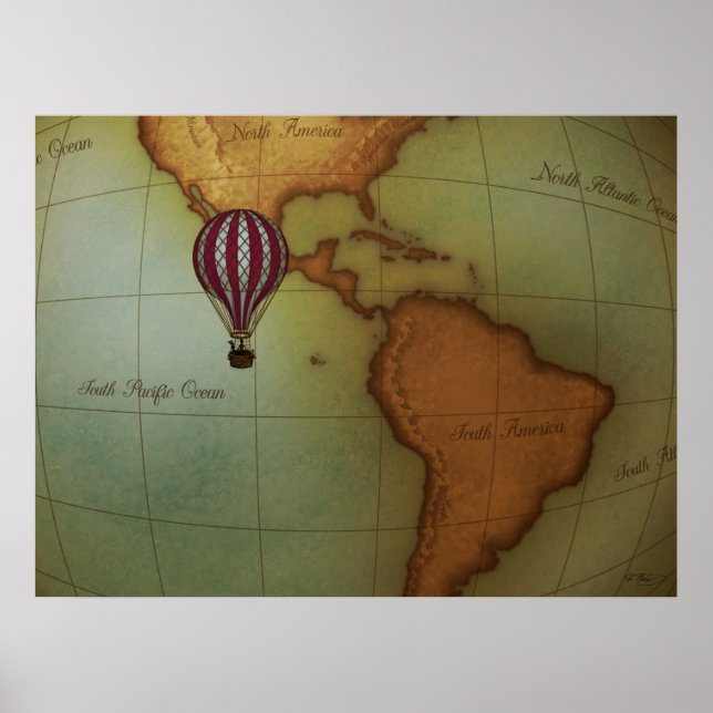Poster Hot Air Balloon Over Western Hemisphere Map Medium (Frente)