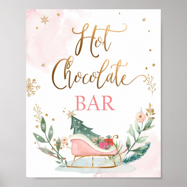 Poster Hot Chocolate Bar Cocoa Sleigh Girl Birthday Sign (Frente)
