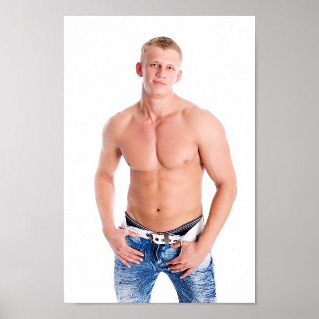 Poster Hot Guy Sexy Shirtless Muscle Blond Hunk In Jeans (Frente)