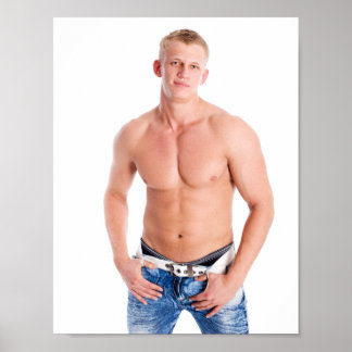 Poster Hot Guy Sexy Shirtless Muscle Blond Hunk In Jeans