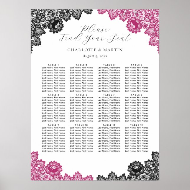 Poster Hot Pink and Black Wedding Seating Chart 12 (Frente)