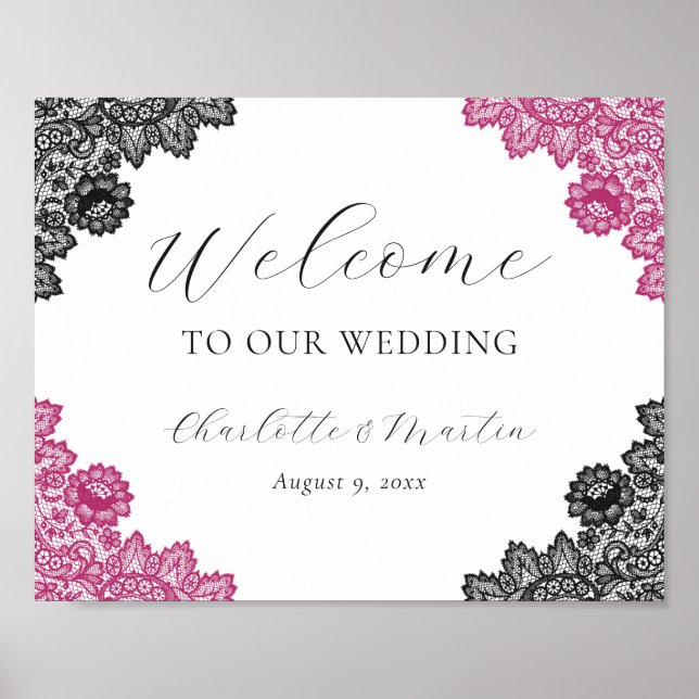 Poster Hot Pink and Black Wedding Welcome Sign (Frente)