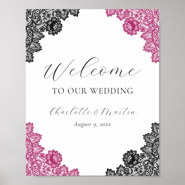 Poster Hot Pink Black Floral Lace Wedding Welcome Sign (Frente)