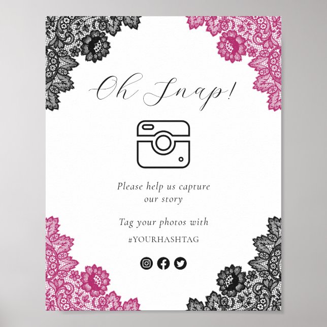Poster Hot Pink Black Oh Snap Social Media Wedding Sign (Frente)