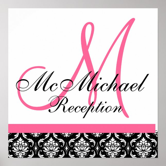 Poster Hot Pink  Damask  Monogram Wedding Reception (Frente)