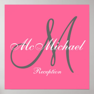 Pôster Hot Pink Monogram and Name Wedding Reception Sign