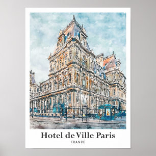 Poster Hotel de Ville Paris Viagem Watercolor Hand Drawn