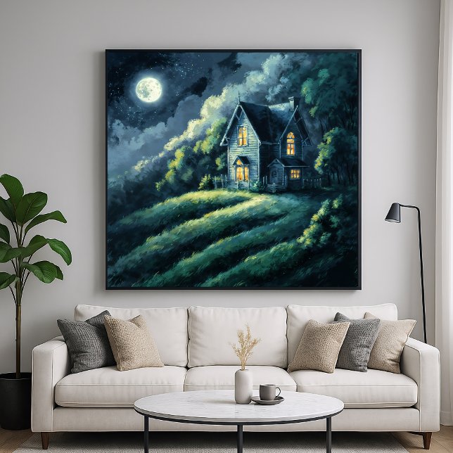 Poster House on Moonlit Hill - Estilo de Impressionismo (Criador carregado)