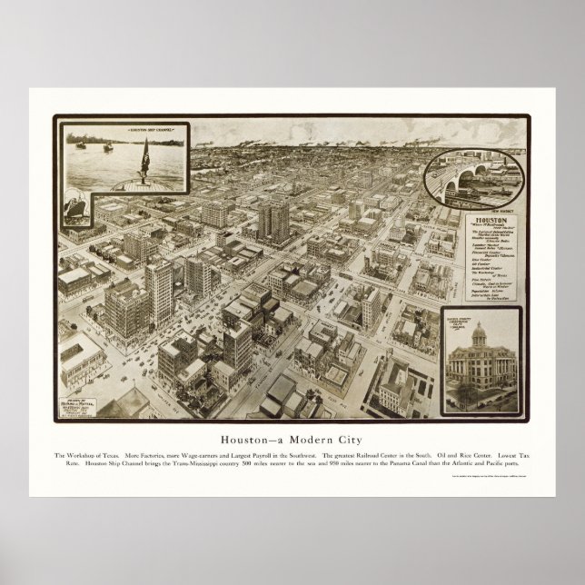 Poster Houston, Mapa Panorâmico TX - 1912 (Frente)