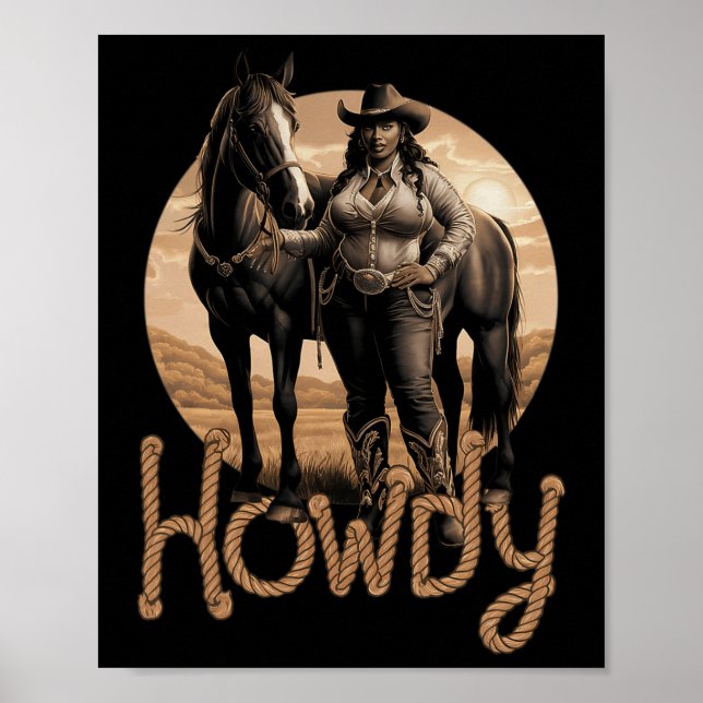 Poster Howdy Western Black Cowgirl Mulher Americana Afric (Frente)