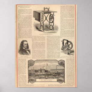 Pôster Howe Sewing Maching with Sketch of the Inventor