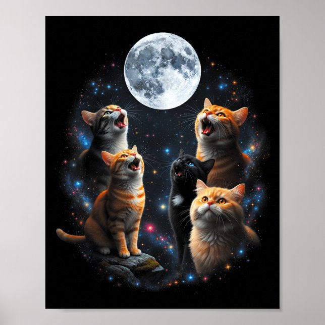 Poster Howling Cats Full Moon Starry Sky Galaxy Cosmic An (Frente)