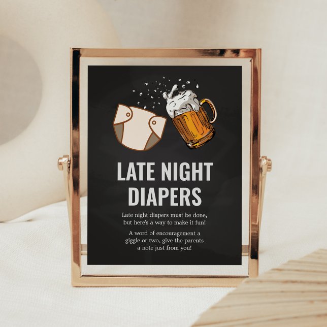 Poster Huggies e Chuggies Fraldas noturnas tardias (Beer And Diaper Baby is Brewing Baby Shower Late Night Diapers Sign)