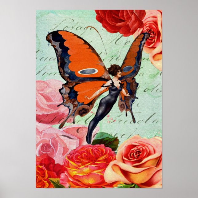 Poster Human-Animal Hybrid Butterfly Woman with Roses (Frente)