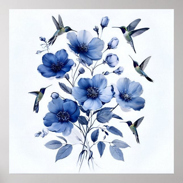 Poster Hummingbird, Arte Floral Elegante Azul E Branca (Frente)