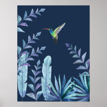 Hummingbird com folhagem tropical em azul escuro