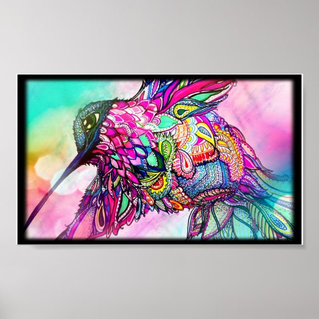 Poster Hummingbird Fantasy Zen Art, Brilhante e Colorido (Frente)