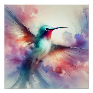 Pôster Hummingbird Graceful em Watercolor