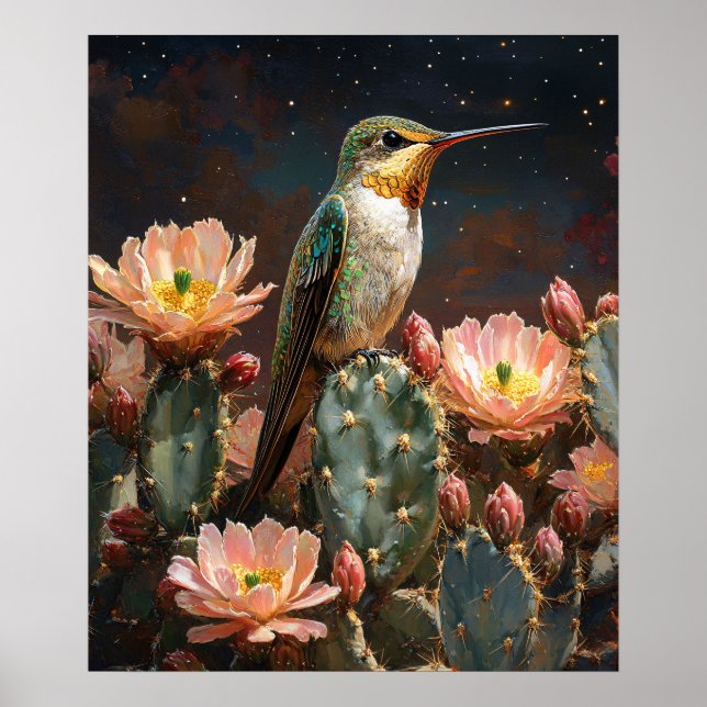 Poster Hummingbird num Cactus Blooming (Frente)