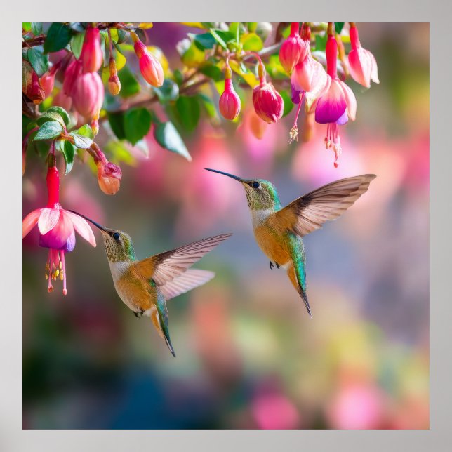 Poster Hummingbirds Fuchsia Flowers Iridescent Dance (Frente)