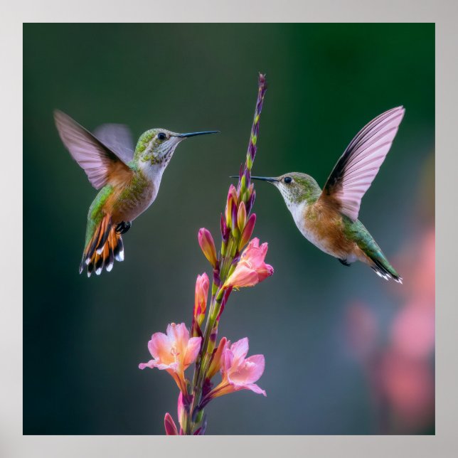 Poster Hummingbirds Gladiolus Flowers Iridescent Pair (Frente)