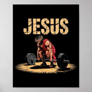 Poster Humor Cristão Jesus Levantamento de Peso Ginásio E