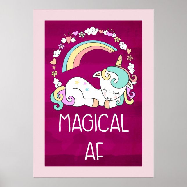Poster Humorístico Unicórnio Magical AF em Pinkish Red Pa (Frente)