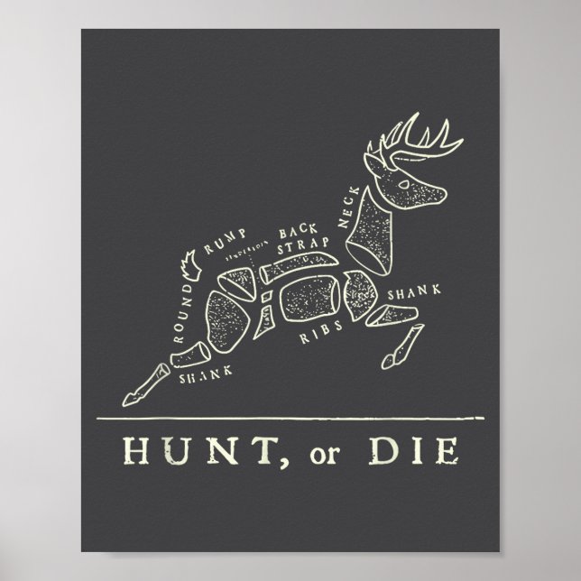 Poster Hunt Or Die Funny Hunting Quote Deer Butcher Chart (Frente)