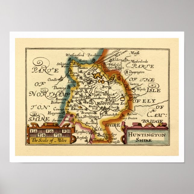 Poster Huntingdonshire County England Antigo Mapa Antiquá (Frente)