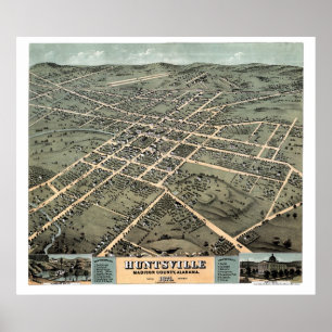 Pôster Huntsville, Mapa Panorâmico da AL - 1871