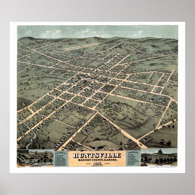 Pôster Huntsville, Mapa Panorâmico da AL - 1871 (Frente)