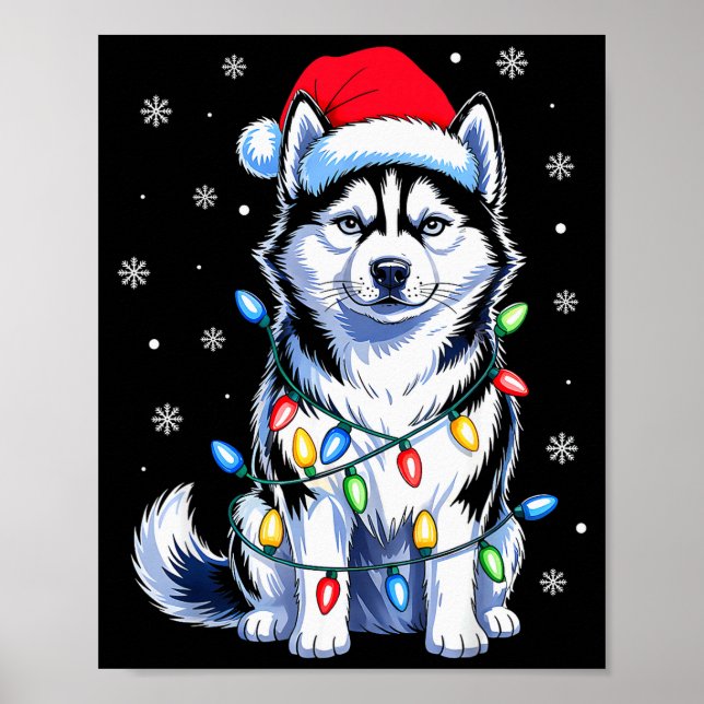 Poster Husky Dog Christmas Lights Santa Hat Family Xmas P (Frente)