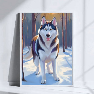 Poster Husky   Pintura de Pet de Aquarela de Inverno de C