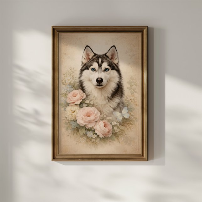 Poster Husky Siberiano com Rosas (Criador carregado)