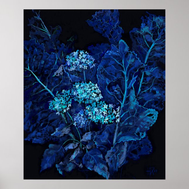 Poster Hydrangea e Horseradina Pintura Floral Preta Azul (Frente)