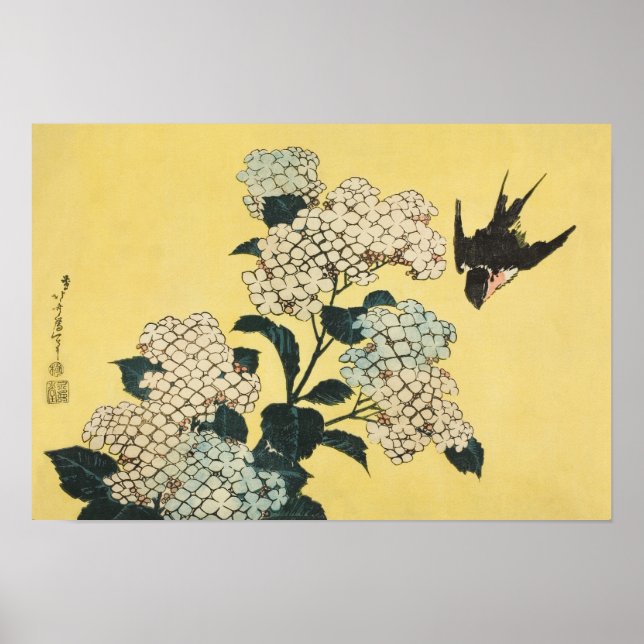 Poster Hydrangea e Swallow por Katsushika Hokusai (Frente)