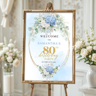 Poster Hydrangeas Aquarela Dourado bem-vindo 80º aniversá