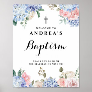 Poster Hydrangeas Azuis e Rosas Rosa Batismo Bem-vindos