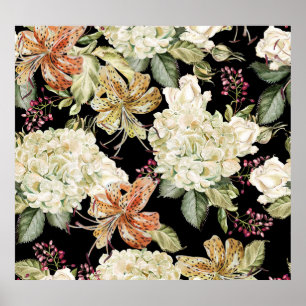 Poster Hydrangeas de Aquarela Lírios: Padrão Floral