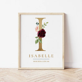 Poster I - Letra Monograma Nome Marsala Floral Nursery