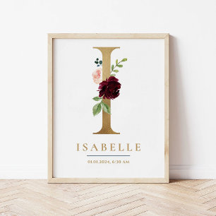 Poster I - Letra Monograma Nome Marsala Floral Nursery